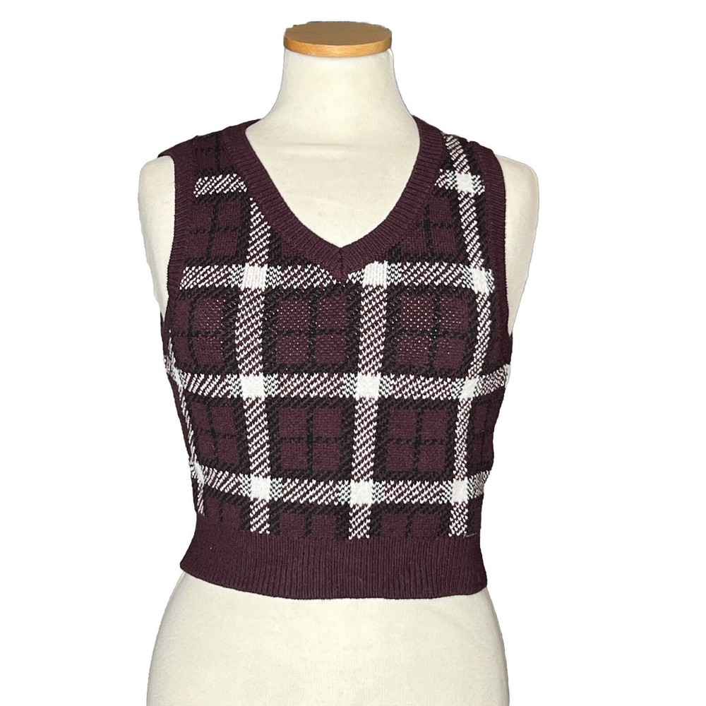 Hollister Women M Plum Purple Sweater Vest Pullover Cropped Plaid Y2K Skate Boho